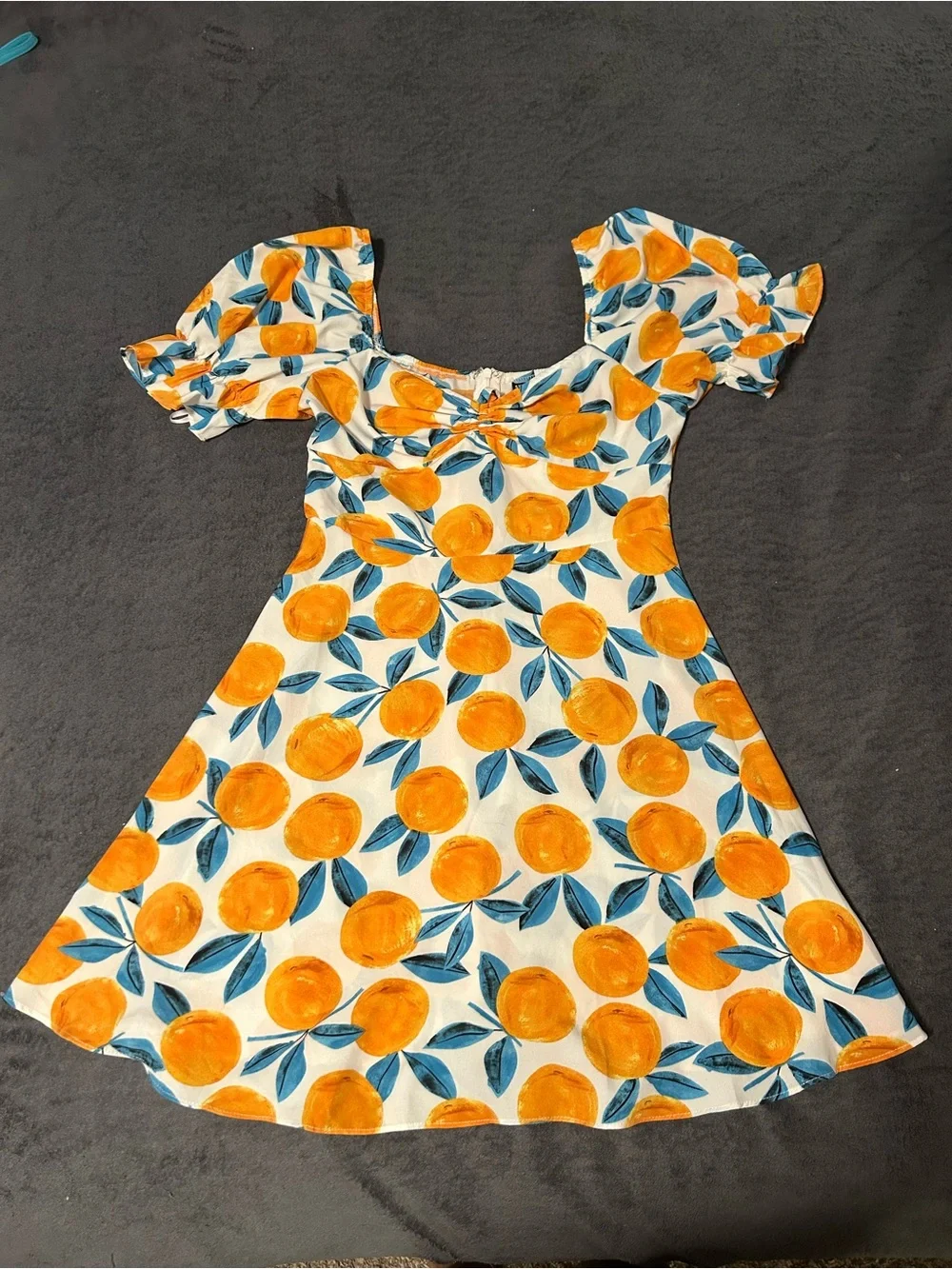 White Dress with Orange Fruit Print and Blue Leaves